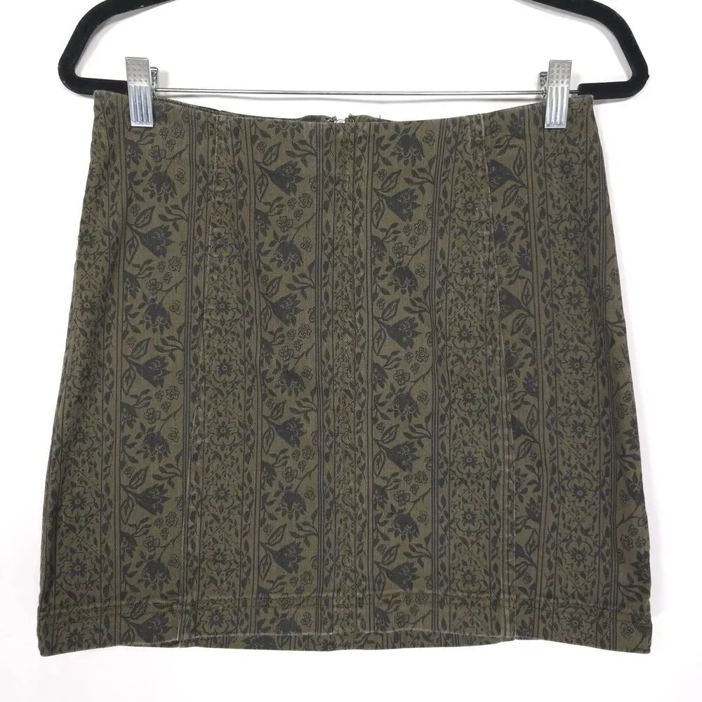 Free People Mini Skirt Size‎ 10 Modern Femme Floral Print Denim Green